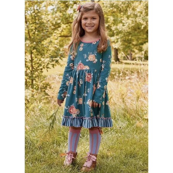 Matilda Jane Choose Your Own Path Dress Girls 8 Teal Pink Floral Twirly Ruffles - Picture 2 of 7